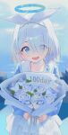  1girl absurdres arona_(blue_archive) blue_archive blue_eyes blue_flower blue_hair blue_halo bouquet bow bow_hairband braid chinese_commentary choker colored_inner_hair commentary_request eyes_visible_through_hair flower hair_over_one_eye hairband halo highres holding holding_bouquet huashengjiang_gan_lao_mian looking_at_viewer medium_hair multicolored_hair open_mouth pink_hair sailor_collar single_braid skirt smile solo white_bow white_choker white_sailor_collar white_skirt 