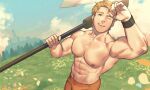  1boy abs axe bara blue_sky boucheron_(fire_emblem) castle cloud commentary cropped english_commentary falling_petals fire_emblem fire_emblem_engage grass highres holding holding_axe looking_up male_focus muscular muscular_male navel nipples one_eye_closed orange_pants over_shoulder pants pectorals petals second-party_source sky smile sweat topless_male tree weapon weapon_over_shoulder zink_(zink_mchn) 