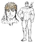  1boy abs bara blonde_hair broad_shoulders chest_hair clenched_hand collarbone commentary_request completely_nude facial_hair flaccid full_body go_nzou3 goatee_stubble grin groin hand_on_own_hip highres large_penis looking_at_viewer looking_to_the_side male_focus male_pubic_hair multiple_views muscular muscular_arms muscular_male navel nipples nude original partially_colored penis pubic_hair sanpaku scar scar_on_cheek scar_on_face sideburns_stubble signature simple_background sketch smile stubble thick_eyebrows v-taper white_background yellow_eyes 