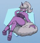 absurd_res breasts clothing crossed_legs dazzi_(pal) female footwear grey_hair hair hair_over_eye hi_res high_heels horn humanoid pal_(species) palmorph palworld pocketpair ponytail purple_body shoes solo thetyrant thick_thighs