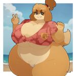 1:1 2026 animal_crossing anthro artist_name beach bell belly big_breasts bikini bikini_bottom blonde_hair border breasts canid canine canis cleavage clothed clothing cloud countershade_torso countershading crotch_tuft deep_cleavage domestic_dog eyelashes female floppy_ears fur gesture hair hand_gesture hi_res huge_breasts huge_hips huge_thighs isabelle_(animal_crossing) mammal navel nintendo obese obese_female overweight overweight_female shih_tzu shirt sky smile solo srnava015 swimwear tail text thick_thighs tied_shirt topwear toy_dog tuft two-piece_swimsuit under_boob v_sign water white_border wide_hips yellow_body yellow_fur