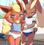2025 anthro athletic_wear black_sclera bloomers blue_clothing blue_eyes blue_panties blue_underwear bottomwear bow_panties bow_underwear breasts brown_body brown_fur classroom clothing desk duo eeveelution female flareon fur furniture generation_1_pokemon generation_4_pokemon gusset gym_bottomwear gym_shorts hi_res hug inside kemono lagomorph lopunny mammal mei_(artist) midriff navel nintendo panties pokemon pokemon_(species) pokemorph red_body red_eyes red_fur school school_desk school_uniform shirt shorts sleeveless_shirt smile style_emulation t-shirt table topwear underwear uniform