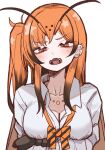  1girl antennae arthropod_girl arthropod_limbs bee_girl bee_wings breasts cleavage commentary_request compound_eyes ear_piercing extra_arms highres insect_wings kumano_plan orange_eyes orange_hair original piercing school_uniform shirt side_ponytail spiked_ear_piercing white_shirt wings 