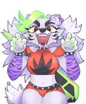 2022 akrost alpha_channel anthro arm_warmers armwear artist_name big_breasts black_eyebrows bottomwear bracelet breasts canid canine canis claws clothing collar crop_top digital_media_(artwork) eyebrows eyeshadow fangs female five_nights_at_freddy's five_nights_at_freddy's:_security_breach fur green_claws green_highlights hair hi_res highlights_(coloring) hotpants jewelry legs_together lipstick looking_at_viewer makeup mammal midriff navel open_mouth pattern_arm_warmers pattern_armwear pattern_clothing pawpads portrait purple_arm_warmers purple_armwear purple_body purple_clothing purple_eyeshadow purple_fur purple_hair purple_lipstick red_bottomwear red_clothing red_crop_top red_hotpants red_shirt red_shorts red_topwear roxanne_wolf scottgames shirt shorts simple_background solo spiked_bracelet spiked_collar spikes steel_wool_studios teeth text thick_thighs three-quarter_portrait topwear transparent_background wolf yellow_eyes