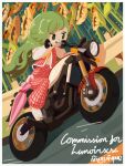  1girl ascot border closed_umbrella commentary commission commissioner_name derbruhniko driving english_commentary field flower flower_field full_body green_eyes green_hair guard_rail highres kazami_yuuka kazami_yuuka_(pc-98) long_hair long_sleeves motor_vehicle motorcycle on_motorcycle open_clothes open_vest outdoors pants pink_umbrella plaid_clothes plaid_pants red_pants red_vest riding riding_motorcycle road shoes solo sunflower sunflower_field touhou touhou_(pc-98) umbrella vest white_border white_shoes yamaha_xsr900 yellow_ascot yellow_flower 
