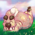 1:1 2025 3_toes ambiguous_anthro ambiguous_gender anthro big_butt bodily_fluids bottom_heavy butt canid canine digital_drawing_(artwork) digital_media_(artwork) eyes_closed facial_tuft fangs feet generation_7_pokemon glistening glistening_butt grass huge_butt lying mammal nintendo nude nude_ambiguous nude_anthro on_front one_fang open_mouth open_smile outside plant pokemon pokemon_(species) rockruff smile solo sweat sweaty_butt tail teeth thick_thighs toes trashboat tuft