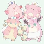  apron audino blissey blue_eyes chansey color_connection commentary egg elizabeth_(tomas21) green_background hat no_humans normal_type_theme_(pokemon) nurse_cap pastel_colors pink_theme pokemon pokemon_(anime) pokemon_(creature) pokemon_egg trait_connection white_apron wigglytuff 