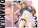  1girl blue_eyes breasts brown_hair cigarette commentary_request dai_(series) daiakuji dha from_below fudou_mei long_hair looking_at_viewer medium_breasts no_panties school_uniform skirt thigh_strap torn_clothes torn_skirt zoom_layer 