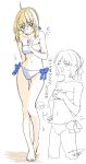  1boy 1girl ahoge artoria_pendragon_(fate) bikini blonde_hair blush braid braided_base braided_bun bun_with_braided_base commentary_request emiya_shirou fate/hollow_ataraxia fate_(series) green_eyes hair_bun highres saber_(fate) senmochi_02 simple_background sketch smile swimsuit translation_request white_background 