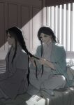  2boys architecture backlighting black_hair braiding_another's_hair braiding_hair chinese_clothes closed_mouth comb commentary_request crack_of_light curtained_hair east_asian_architecture frown green_eyes hairdressing hanfu highres indian_style indoors korean_commentary layered_sleeves long_hair long_sleeves luo_binghe male_focus multiple_boys on_bed parted_bangs red_eyes scene_reference shen_qingqiu sidelocks sitting socks the_scum_villain's_self-saving_system tkqks_jenet very_long_hair white_hanfu white_socks wide_sleeves window_shadow yaoi zuiyin 