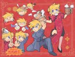  2boys :d anger_vein black_shoes blonde_hair blue_eyes blue_jacket blue_pants braid braided_bun chinese_clothes chinese_text clenched_teeth closed_eyes commentary_request crossdressing crossdressing_(mtf) dress ek_loz english_text falling food food_in_mouth four_sword frown hair_bun hair_ribbon high_heels highres holding holding_sword holding_weapon jacket link mixed-language_text multiple_boys on_one_knee pants pointy_ears qipao red_background red_dress red_ribbon ribbon shoes signature smile steamed_bun sword tangzhuang teeth the_legend_of_zelda the_legend_of_zelda:_four_swords the_legend_of_zelda:_four_swords_adventures v-shaped_eyebrows weapon 