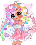  1girl :3 bandaid bandaid_on_clothes bandaid_on_face blush bow bowtie buckle colorful commission food-themed_hair_ornament hair_ornament heart heart-shaped_buckle heterochromia highres inkling looking_at_viewer mini_wings multicolored_hair original patch pink_bow pink_bowtie pink_skirt rainbow_hair rainbow_hair_ornament skirt strawberry_hair_ornament striped_background tan tentacle_hair too_many_hair_ornaments trytryagain twintails wings 