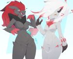 anthro arms_bent big_breasts blue_eyes breast_size_difference breasts brow cheek_tuft claws cocked_hip colored digital_drawing_(artwork) digital_media_(artwork) duo extended_arm eyebrows facial_tuft featureless_breasts female female_anthro flow_(artist) generation_5_pokemon generation_8_pokemon grey_body hair hi_res hisuian_form hisuian_zoroark long_hair looking_at_viewer medium_breasts multicolored_hair navel nintendo nude nude_anthro nude_female open_mouth open_smile pokemon pokemon_(species) portrait red_eyebrows red_eyes regional_form_(pokemon) shaded small_waist smile snout teeth three-quarter_portrait tuft two_tone_hair yellow_sclera zoroark