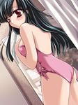  artist_request black_hair copyright_request fitting_room from_behind leotard long_hair looking_back mirror non-web_source one-piece_swimsuit pink_leotard red_eyes reflection solo swimsuit 