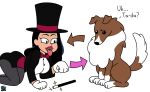 absurd_res all_fours big_butt black_eyes black_hair black_snout body_swap bow_tie breasts brown_body brown_fur butt canid canine canis clothing confusion dez-a-sketch dezzy_draws domestic_dog ears_down eyelashes female feral fur gloves hair handwear hi_res human lipstick long_hair magic_wand magician magician_hat makeup male mammal paws pivoted_ears red_bow_tie sitting tail tongue tongue_out white_body white_clothing white_fur white_gloves white_handwear