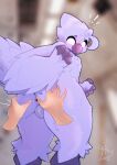 4_fingers anthro avian balls beak big_butt blue_body blue_feathers butt bydahemoth disembodied_hand exclamation_point feathers femboy fingers genitals hi_res kohfee_(nicolas_3232) krakotl_(the_nature_of_predators) looking_back low-angle_view male open_beak open_mouth solo spread_butt spreading standing talon_hands the_nature_of_predators thick_thighs wide_hips