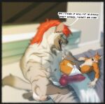 5_fingers 5_toes abena animal_genitalia animal_penis anthro bed big_penis black_nipples black_nose bodily_fluids breath brooks_(brooksyeen) canid canine canine_ears canine_genitalia canine_penis claws clothed clothing cryptic_(crypticsogfox) dialogue diaper duo english_text erection facial_piercing fangs feces feet fingers fox fur furniture genital_fluids genitals grey_body grey_fur hair hand_on_chest hi_res holding_down huge_penis hyena kneeling knot knotted_penis looking_at_another looking_at_another's_penis looking_down looking_down_at_partner lying male male/male mammal mohawk muscular nipples nose_piercing on_back open_diaper open_mouth orange_body orange_fur penis piercing pink_ears pointy_ears red_eyes red_hair red_penis septum_piercing size_difference speech_box stained_diaper striped_hyena sweat syeenyeen teeth text toes unclean_diaper urine used_diaper vein veiny_penis wearing_diaper wet_diaper white_body white_fur white_sclera yeenbeans yellow_eyes