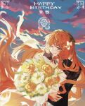  1girl blush bouquet bow closed_mouth coat commentary_request english_text hair_bow highres holding holding_bouquet ishmael_(project_moon) limbus_company long_hair looking_at_viewer orange_hair project_moon pt0m14o shirt sky smile solo upper_body 