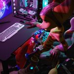 1:1 3d_(artwork) anthro canid canine canon_x_oc cryx_(cryxdafloof) cryx_the_fox desk digital_media_(artwork) duo fellatio fully_shaded furniture gaming gaming_chair hand_on_armrest hand_on_desk hand_on_leg hand_on_thigh insomniac_games lombax looking_at_another looking_at_partner male male/male mammal neon_lights oral penile ratchet_(ratchet_and_clank) ratchet_and_clank sex sony_corporation sony_interactive_entertainment table under_table