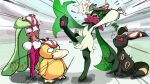  !? 1girl 1other animal_hands applecandy_prpr beak bird black_fur body_fur claws closed_eyes colored_skin commentary_request crown duck facial_mark fangs forehead_mark full_body furry green_fur green_hair grey_background long_hair looking_at_another meowscarada mini_crown monster_girl open_mouth pawpads plant_girl pokemon pokemon_(creature) pokemon_focus psyduck purple_eyes purple_thighhighs red_eyes short_hair short_tail simple_background sitting standing tail thighhighs tri_tails tsareena two-tone_fur umbreon white_skin wide-eyed yellow_fur 