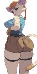 2026 activision anthro belt big_breasts big_butt blonde_hair blue_eyeshadow blue_lipstick bottomwear braided_hair breasts butt clothing dipstick_tail eyebrow_through_hair eyebrows eyelashes eyeshadow female gloves green_eyes hair handwear hi_res legband legs_together lipstick long_hair looking_at_viewer looking_back low-angle_view makeup mammal markings mouse murid murine nipple_outline rear_view rodent shirt shorts simple_background smile solo spyro_the_dragon standing tail tail_markings tank_top tara_(spyro) thick_thighs thighband topwear translucent translucent_hair white_background wide_hips yuta_agc