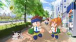  1girl 2boys bag blue_headband blue_necktie blue_pants blue_shoes blue_skirt brown_eyes brown_hair building collar commentary_request dog glasses green_bag headband high_ponytail highres jikkyou_powerful_pro_yakyuu jikkyou_powerful_pro_yakyuu_(style) jikkyou_powerful_soccer kdaishi0714 multicolored_shoes multiple_boys necktie no_mouth okuzono_ayu orange_eyes orange_hair orange_necktie outdoors pants plaid_clothes plaid_skirt ponytail power_soccer_kun rayman_limbs red_collar sanpaku school_bag school_uniform shirt shoes short_sleeves shoulder_bag skirt town tree two-tone_shoes vending_machine white_shirt yabesaka_shuuto yellow_shoes 