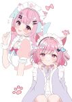  1girl absurdres ahoge animal_ears bandaid bandaid_hair_ornament blue_bow blush bow braid braided_hair_rings breasts candy cat_ears cat_girl choker closed_mouth commentary_request crossed_bandaids dress fish_hair_ornament food ghost_hair_ornament hair_bow hair_ornament hair_rings hairclip heart heart-shaped_food heart-shaped_lollipop heart_choker heart_hair_ornament highres holding holding_candy holding_food holding_lollipop indie_virtual_youtuber lollipop long_hair long_sleeves looking_at_viewer maid maid_headdress medium_hair o-ring o-ring_choker oyuharu paw_print pink_bow pink_dress pink_eyes pink_hair purple_bow purple_dress shaped_lollipop short_sleeves simple_background smile solo_focus tongue tongue_out two_side_up virtual_youtuber white_background white_dress white_wrist_cuffs wide_sleeves wing_hair_ornament wrist_cuffs yuuki_sakuna yuuki_sakuna_(1st_costume) yuuki_sakuna_(2nd_costume) 