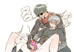  2boys black_jacket blush bottomless commentary cum ejaculation english_commentary english_text green_hair grey_hair handjob heart jacket layered_sleeves lighter_(zenless_zone_zero) long_sleeves male_focus moji00x00x multiple_boys onahole_handjob penis reach-around red_scarf scarf shirt short_hair short_over_long_sleeves short_sleeves simple_background speech_bubble spread_legs sunglasses t-shirt testicles uncensored white_background wise_(zenless_zone_zero) yaoi zenless_zone_zero 