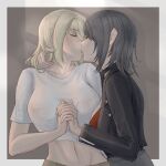  2girls bang_dream! bang_dream!_it's_mygo!!!!! bite_mark black_choker black_hair black_jacket blonde_hair blush border breasts brown_background chinese_commentary choker closed_eyes clothes_lift commentary_request covered_nipples french_kiss grey_border hand_in_another's_hair highres holding_hands interlocked_fingers inuitakumi49 jacket kiss large_breasts medium_hair midriff misumi_uika multiple_girls red_shirt saliva shirt shirt_lift tongue white_shirt yahata_umiri yuri 