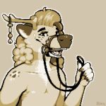 1:1 2026 5_fingers ambiguous_gender anthro antler_accessory antlers armpit_hair beaded_jewelry beads bell bleu_cheese_(artist) bodily_fluids body_hair bridle cheek_tuft clothed clothing collarbone deer digital_drawing_(artwork) digital_media_(artwork) facial_tuft fingers hair half-length_portrait hi_res holding_object holding_reins horn ibispaint_(artwork) jewelry jingle_bell long_hair looking_at_viewer male mammal monochrome nails new_world_deer nipples open_mouth pepper_(bleu_cheese) pixel_(artwork) portrait raised_arm reindeer reins sepia signature simple_background solo spots sweat sweatdrop topless topless_anthro topless_male tuft