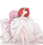  2girls absurdres blue_eyes bocchi_the_rock! chinese_commentary commentary cube_hair_ornament feet_out_of_frame gotoh_hitori hair_between_eyes hair_ornament highres kita_ikuyo long_hair looking_at_another multiple_girls obscuremisty on_bed pillow pink_hair red_hair shirt shorts tying_another's_hair tying_hair white_background white_shirt white_shorts yuri 