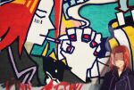  1boy barcode barcode_tattoo black_robe cigarette closed_eyes closed_mouth commentary_request facial_tattoo graffiti hands_up interlocked_fingers medium_hair praying priest qniokun red_hair red_nails robe smoke smoking solo stiyl_magnus tattoo toaru_majutsu_no_index upper_body 
