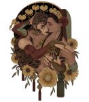  2boys absurdres aquiline_nose armpit_hair bridal_gauntlets curly_hair dark-skinned_male dark_skin eyelashes eyeshadow flower hair_flower hair_ornament hairline highres iliothermia lips lipstick long_hair makeup male_focus multiple_boys nipples nose original pectorals straight_hair yaoi 