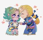  1boy 1girl arm_behind_back blonde_hair blue_cape blue_pants blue_ribbon blush boots breasts cape chibi chibi_only closed_eyes commentary_request dress eakanasu earrings edgar_roni_figaro final_fantasy final_fantasy_vi gold_trim green_hair hetero highres holding_hands jewelry looking_at_another low_ponytail medium_breasts mini_wings multi-tied_hair pants ponytail purple_eyes ribbon sash smile terra_branford waist_sash white_background white_boots white_dress wings 