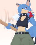 2025 anthro black_claws black_clothing black_crop_top black_nose black_shirt black_topwear blue_body blue_eyes blue_fur blue_hair bottomwear bracelet breasts can canid canine claws clothed clothed_female clothing collar colored container crop_top digital_drawing_(artwork) digital_media_(artwork) ear_piercing female female_anthro flow_(artist) fox fur green_bottomwear green_clothing green_pants hair hi_res holding_can holding_container holding_object jewelry looking_at_viewer mammal medium_breasts multicolored_hair navel navel_piercing pants piercing shaded shirt snout solo tail tan_body topwear two_tone_hair white_hair