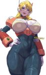  1girl absurdres alia_(mega_man) android armor blonde_hair blue_eyes bodysuit breasts commentary darkyart dynamic_pose english_commentary gloves grey_pants hair_between_eyes hand_on_own_hip highres huge_breasts looking_at_viewer looking_down medium_hair mega_man_(series) mega_man_x_(series) naughty_face pants partially_shaded_face pink_armor pov radio_antenna robot_ears robot_girl solo thick_thighs thighs white_gloves wide_hips 