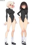  2girls absurdres ass_visible_through_thighs black_hair black_leotard black_shoes blonde_hair blush breasts closed_mouth commentary covered_navel covered_nipples folded_hair full_body hair_ribbon hand_on_own_hip highleg highleg_leotard highres inoue_takina leotard long_hair long_sleeves looking_at_viewer loose_socks lycoris_recoil medium_breasts medium_hair multiple_girls nishikigi_chisato one_side_up purple_eyes red_eyes red_ribbon ribbon roswell_ss shoes simple_background small_breasts smile socks thighs white_background white_socks 