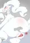 absurd_res anus blush bodily_fluids butt dragon female female_on_human fur generation_5_pokemon genital_fluids genitals hi_res human legendary_pokemon mammal mythological_creature mythological_scalie mythology nintendo nude pokemon pokemon_(species) reshiram satoumizu672 scalie simple_background solo spread_vulva spreading thick_thighs vaginal_fluids vulva white_body white_fur