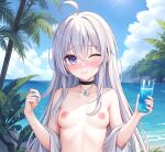 1girl :3 ;3 absurdres ahoge armpit_crease aroused black_choker blue_sky blush breasts cc_lin chinese_commentary choker closed_mouth cloud collarbone commentary_request crossed_bangs cup day diamond_necklace elaina_(majo_no_tabitabi) english_commentary eyelashes eyes_visible_through_hair flower furrowed_brow glass grey_hair hair_between_eyes hands_up happy highres holding holding_cup jewelry large_variant_set long_hair looking_at_viewer majo_no_tabitabi mixed-language_commentary nail_polish naughty_face necklace nipples nose_blush nude ocean one_eye_closed outdoors paid_reward_available palm_tree purple_eyes purple_nails rock shy sidelocks sky small_breasts smile stomach straight_hair sunlight tree upper_body variant_set very_long_hair w_arms wet wet_clothes yellow_flower 