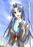  asakura_ryouko bad_id bad_pixiv_id blue_eyes blue_hair cardigan kita_high_school_uniform long_hair power_lines school_uniform serafuku solo sumisi suzumiya_haruhi_no_yuuutsu telephone_pole 