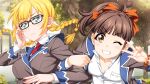  2girls adjusting_eyewear anekouji_naoko_to_giniro_no_shinigami arm_hug blonde_hair blue_eyes bow bracelet braid breasts buttons cleavage clenched_teeth collared_shirt day double-breasted game_asset glasses grass grey_jacket grin hair_bow hand_on_eyewear high_collar highres jacket jewelry lapels large_breasts long_hair long_sleeves looking_at_viewer mikoshi_matsuri multiple_girls necktie non-web_source one_eye_closed open_clothes open_collar open_jacket outdoors red_bow red_necktie school_uniform self-datamine shirt short_hair small_breasts smile teeth tokiwa_oyuki tree twin_braids w white_shirt window 