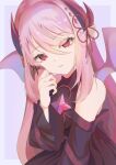  1girl absurdres bare_shoulders black_dress commentary dress english_commentary highres horns indie_virtual_youtuber long_hair nekochi_(nek0chi) noxaura_nyx pink_hair pointy_ears red_eyes simple_background solo virtual_youtuber wings 