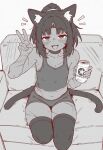  1girl absurdres alcohol amputee animal_ear_fluff animal_ears barcode barcode_tattoo bare_shoulders beer beer_can caffichai can cat_ears cat_girl cat_tail claw_mark commentary couch dark-skinned_female dark_skin double_amputee drink_can english_commentary facial_mark fangs fingernails flat_chest forehead_mark forehead_tattoo greyscale highres holding holding_can legless_amputee long_hair looking_at_viewer midriff monochrome multiple_scars multiple_tails navel nekomiya_mana open_mouth orange_eyes red_eyes sapporo_beer scar scar_on_arm scar_on_face scar_on_thigh shorts sitting skin_fangs solo spot_color tail tank_top tattoo thighhighs triangle triangle_facial_mark two_tails v zenless_zone_zero 