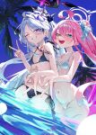  2girls absurdres ahoge bikini black_bikini blue_archive commentary_request day flat_chest grin halo heterochromia highres hina_(blue_archive) hoshino_(blue_archive) long_hair looking_at_viewer multiple_girls navel ocean open_mouth outdoors pink_hair pink_halo rosu_1109 smile standing swimsuit v very_long_hair white_bikini white_hair 