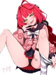  1girl absurdres black_choker black_panties blush body_writing braid cameltoe cardigan chest_bow choker collarbone commentary_request green_eyes hair_ornament highres long_hair looking_at_viewer nadeko03 open_clothes open_mouth panties pink_cardigan red_hair simple_background sitting smile smug solo sphere_hair_ornament spread_legs tally thigh_strap tongue ukinami_yuzuha underwear white_background zenless_zone_zero 