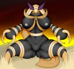 big_breasts breasts claws desert female genitals gildra_(pal) hi_res humanoid jewelry maxhe mouthless pal_(species) palmorph palworld pocketpair ribbons sand solo spread_legs spreading thick_thighs vulva