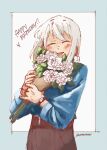  1girl blue_background blue_shirt blush bouquet brown_skirt closed_eyes commentary flower grey_hair happy_birthday harurushi highres holding holding_bouquet kamiina_botan_yoeru_sugata_wa_yuri_no_hana parted_lips shirt short_hair skirt smile solo tonami_ibuki twitter_username two-tone_background upper_body white_background white_flower 