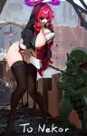  1boy 1girl bar_censor black_garter_belt black_shoes bound breasts censored chain commentary commission commissioner_name cross duel_monster exosister_martha garter_belt goblin highres large_breasts leaning_forward long_hair nipple_piercing nipples nun penis piercing pink_hair raywallin restrained shoes thighhighs tongue tongue_out tongue_piercing veil yu-gi-oh! 