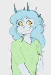 2026 2_horns abelisaurid anthro blue_body blue_hair blue_scales carnotaurus cavemanon_studios clothing color_edit colored digital_drawing_(artwork) digital_media_(artwork) dinosaur espectro111222 eyelashes female grace_(iwhtg) green_clothing green_shirt green_t-shirt green_topwear grey_background hair hi_res horn i_wani_hug_that_gator long_hair looking_at_viewer prehistoric_species reptile saurischian scales scalie shirt simple_background smile snout solo t-shirt theropod third-party_edit topwear yellow_eyes