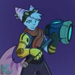 1:1 2020 anthro biped black_clothing black_gloves black_handwear blue_body blue_eyes blue_fur clothing colored cybernetics cyborg digital_drawing_(artwork) digital_media_(artwork) ear_piercing ear_ring eyewear eyewear_on_head female fur gloves goggles goggles_on_head hammer handwear hi_res holding_hammer holding_object holding_tool kangwolf lombax machine mammal mechanical_arm mechanical_hand piercing prosthetic prosthetic_arm prosthetic_limb purple_background purple_body purple_fur ratchet_and_clank ring_piercing rivet_(ratchet_and_clank) scarf signature simple_background solo sony_corporation sony_interactive_entertainment striped_body striped_fur stripes tail thick_tail tools watermark